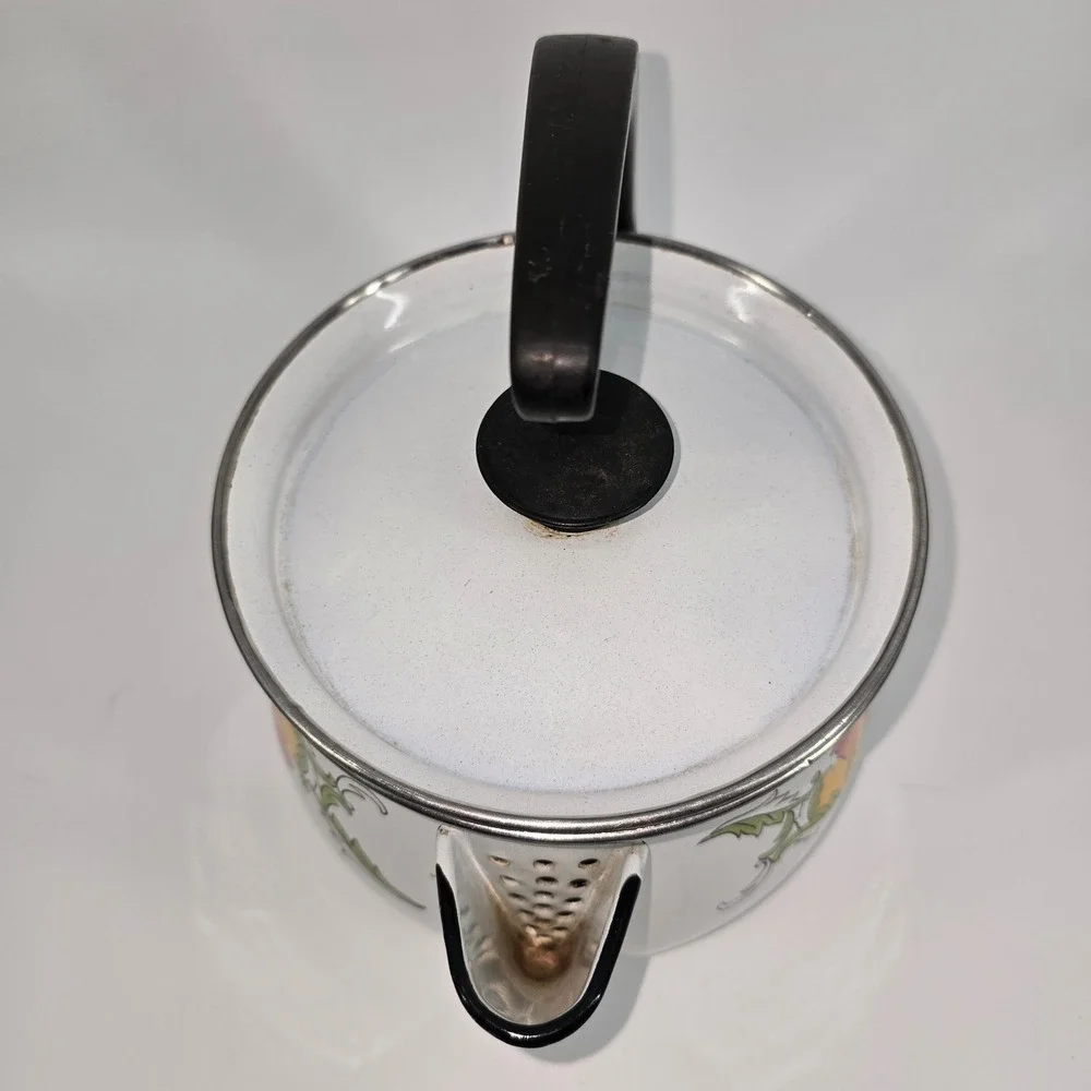 Vintage Cer-A-Met Enamel Tea Kettle Retro Floral Rare Pattern Mod Poppy
